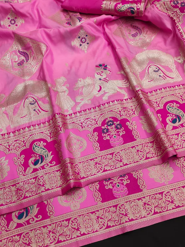 Deep_Pink_And_Pink_Banarasi_Silk_Saree_And_Unstitched_Blouse_For_Women