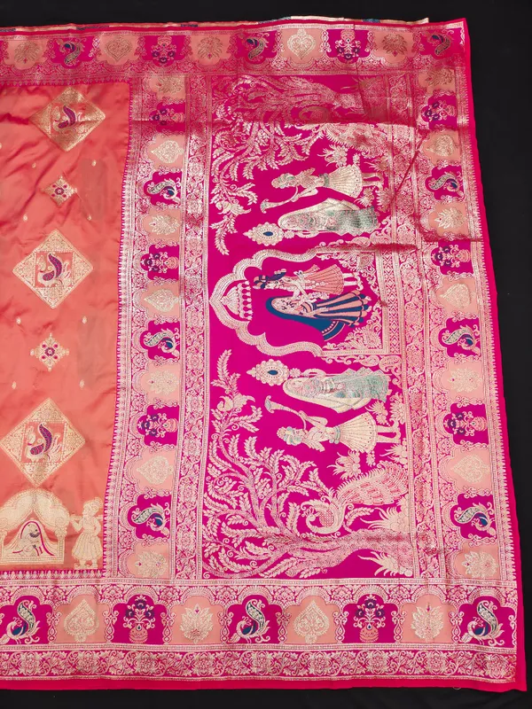 Peach_And_Rani_Banarasi_Silk_Saree_And_Unstitched_Blouse_For_Women