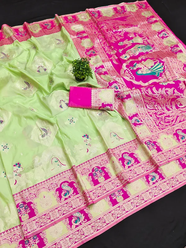Pista_And_Rani_Banarasi_Silk_Saree_And_Unstitched_Blouse_For_Women