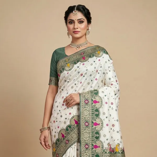 Green_Banarasi_Silk_Saree_And_Unstitched_Blouse_For_Women
