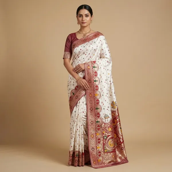Maroon_Banarasi_Silk_Saree_And_Unstitched_Blouse_For_Women