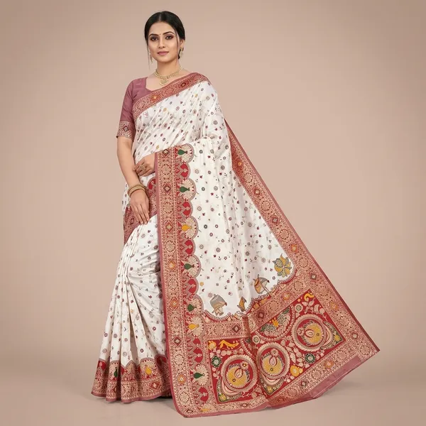 Maroon_Banarasi_Silk_Saree_And_Unstitched_Blouse_For_Women