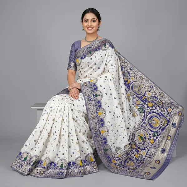 Navy_Blue_Banarasi_Silk_Saree_And_Unstitched_Blouse_For_Women