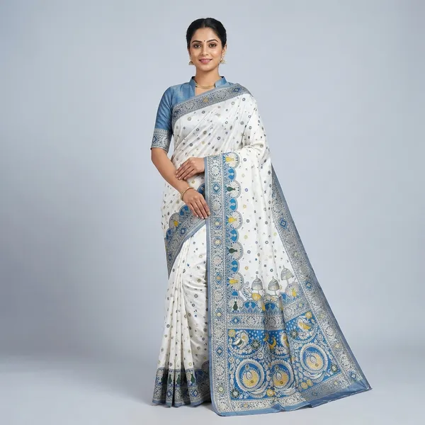 White_And_Blue_Banarasi_Silk_Saree_And_Unstitched_Blouse_For_Women