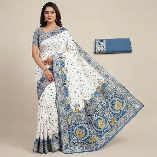White_And_Blue_Banarasi_Silk_Saree_And_Unstitched_Blouse_For_Women