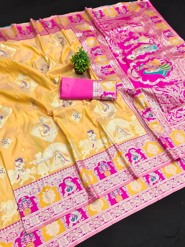 Gold_And_Rani_Banarasi_Silk_Saree_And_Unstitched_Blouse_For_Women