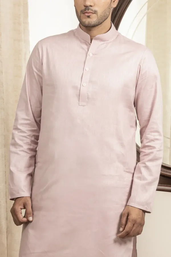 Dusty_Pink_Cotton_Linen_Mandarin_Collar_Long_Kurta_For_Men