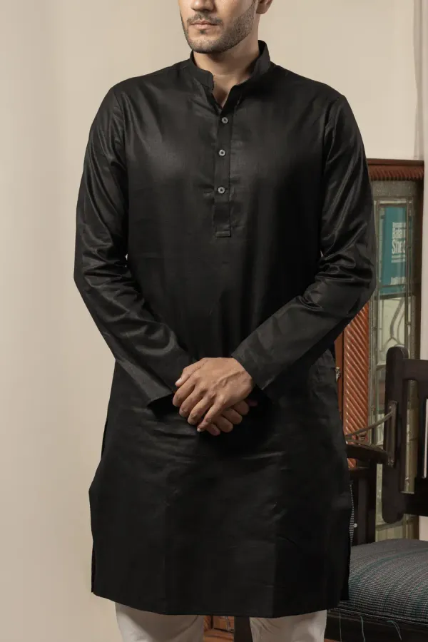 Black_Cotton_Linen_Mandarin_Collar_Long_Kurta_For_Men