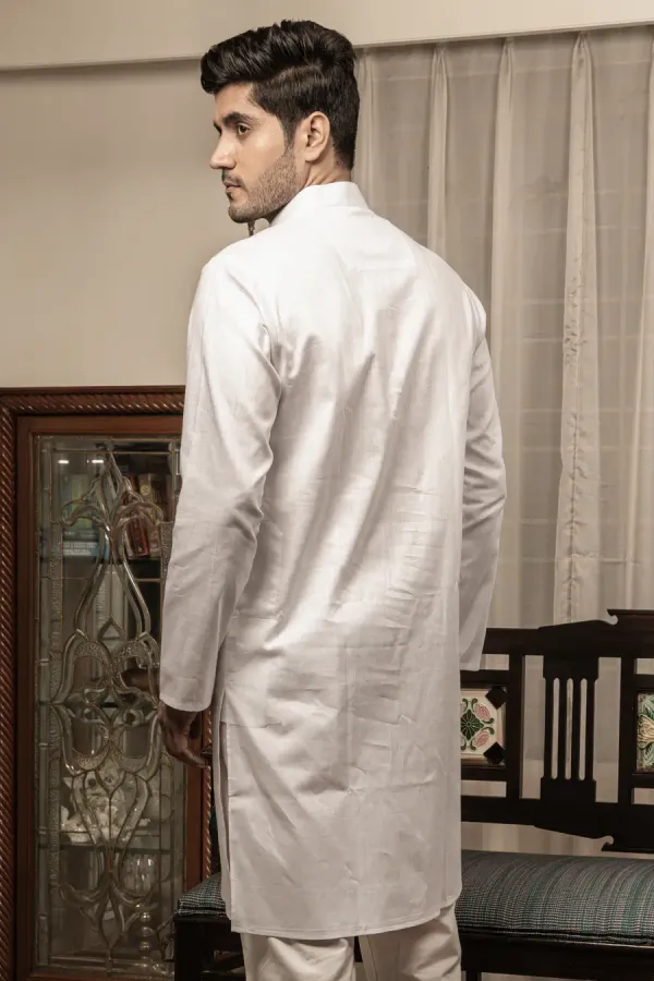 White_Cotton_Linen_Mandarin_Collar_Long_Kurta_For_Men