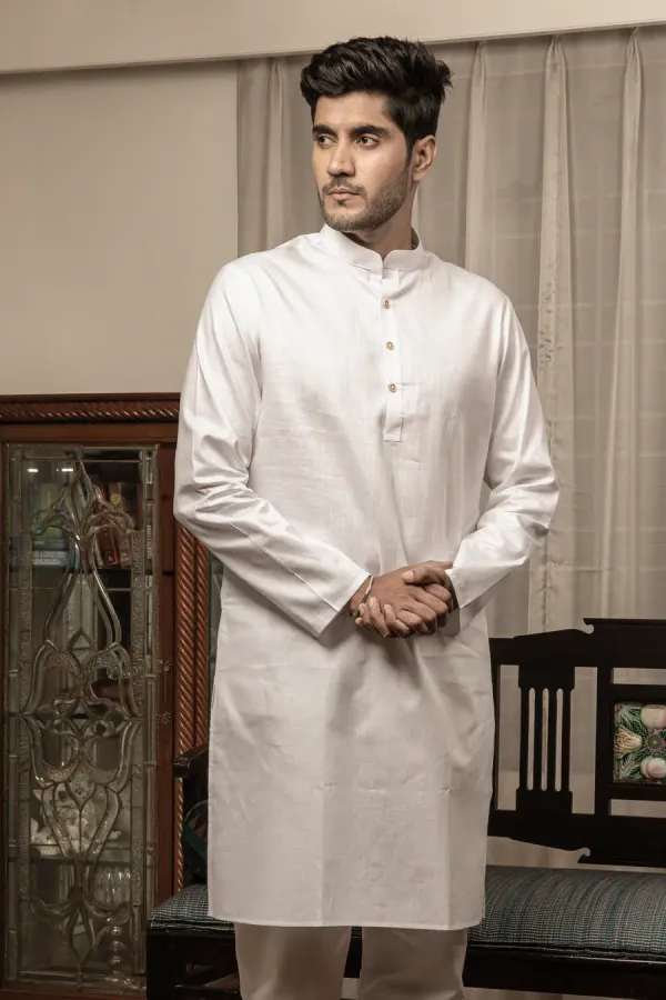 White_Cotton_Linen_Mandarin_Collar_Long_Kurta_For_Men