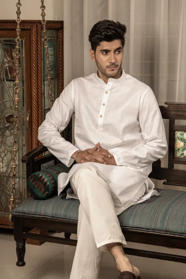 White_Cotton_Linen_Mandarin_Collar_Long_Kurta_For_Men