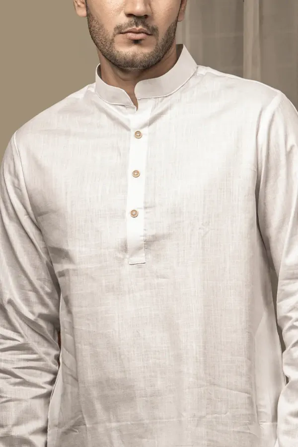 White_Cotton_Linen_Mandarin_Collar_Long_Kurta_For_Men