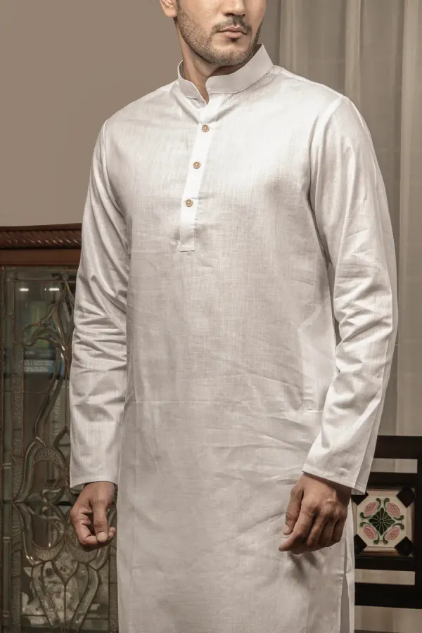 White_Cotton_Linen_Mandarin_Collar_Long_Kurta_For_Men