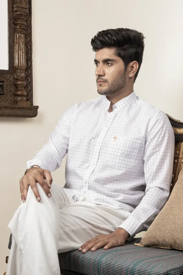 White_Cotton_Linen_Regular_Fit_Checked_Shirt_For_Men