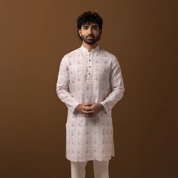 Ivory_Linen_Bloom_Printed_Regular_Fit_Long_Kurta_For_Men