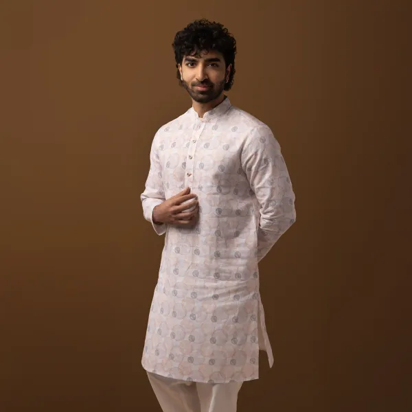 Ivory_Linen_Bloom_Printed_Regular_Fit_Long_Kurta_For_Men