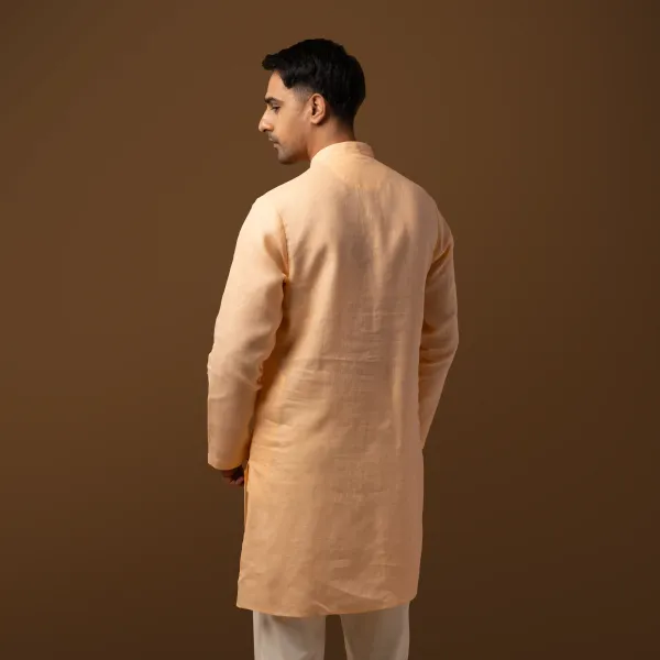 Peach_Linen_Regular_Fit_Long_Kurta_For_Men
