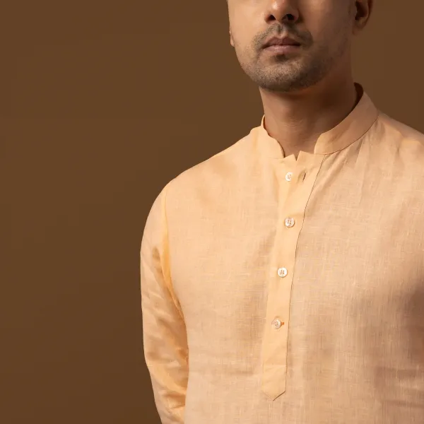 Peach_Linen_Regular_Fit_Long_Kurta_For_Men