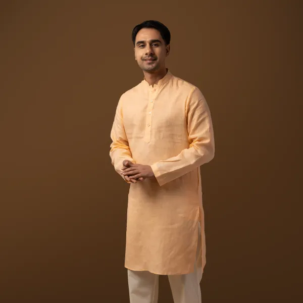 Peach_Linen_Regular_Fit_Long_Kurta_For_Men