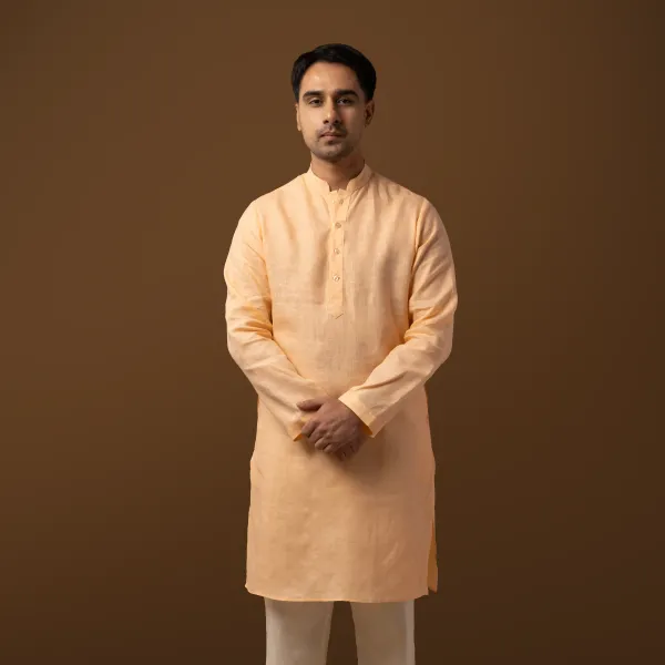 Peach_Linen_Regular_Fit_Long_Kurta_For_Men