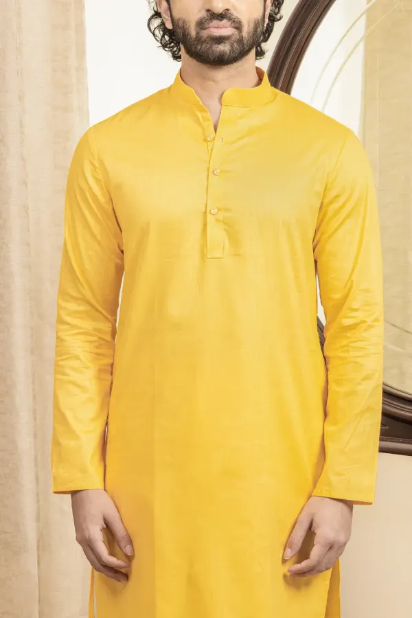 Mustard_Yellow_Cotton_Linen_Mandarin_Collar_Long_Kurta_For_Men