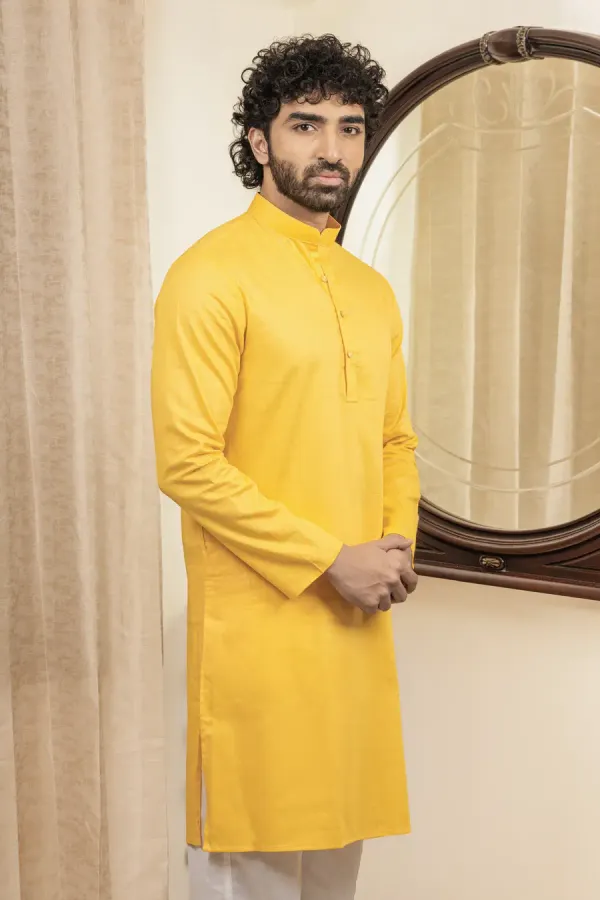 Mustard_Yellow_Cotton_Linen_Mandarin_Collar_Long_Kurta_For_Men