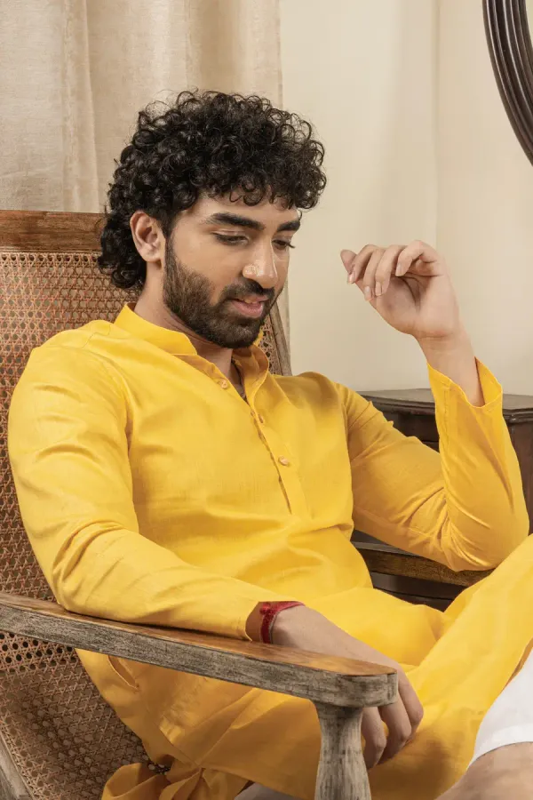 Mustard_Yellow_Cotton_Linen_Mandarin_Collar_Long_Kurta_For_Men