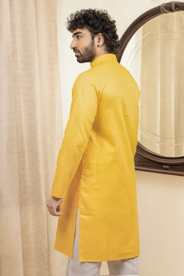 Mustard_Yellow_Cotton_Linen_Mandarin_Collar_Long_Kurta_For_Men
