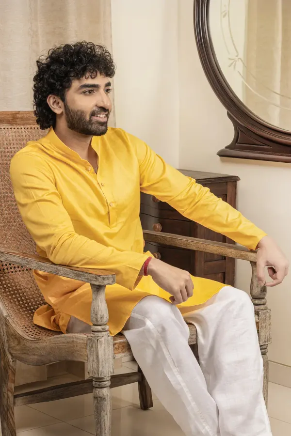 Mustard_Yellow_Cotton_Linen_Mandarin_Collar_Long_Kurta_For_Men