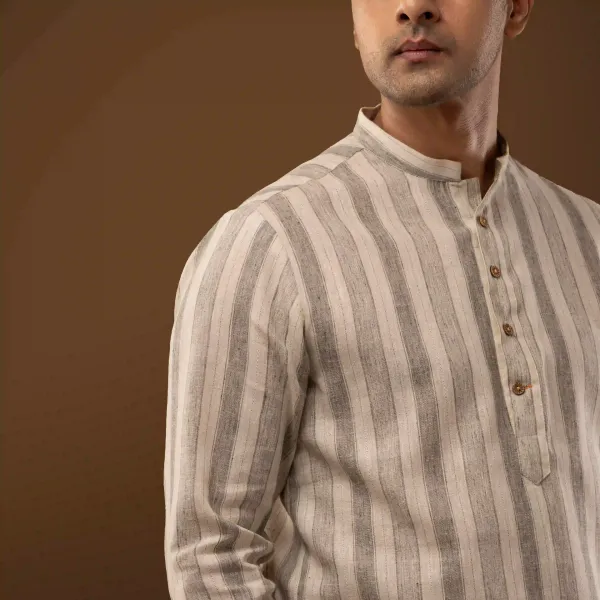 Stone_Grey_Cotton_Linen_Regular_Fit_Striped_Short_Kurta_For_Men