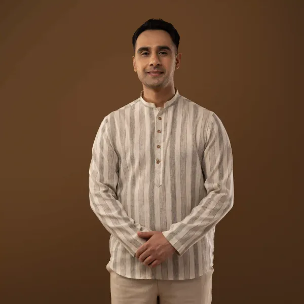 Stone_Grey_Cotton_Linen_Regular_Fit_Striped_Short_Kurta_For_Men