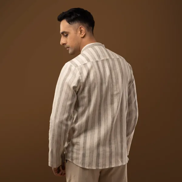 Stone_Grey_Cotton_Linen_Regular_Fit_Striped_Short_Kurta_For_Men