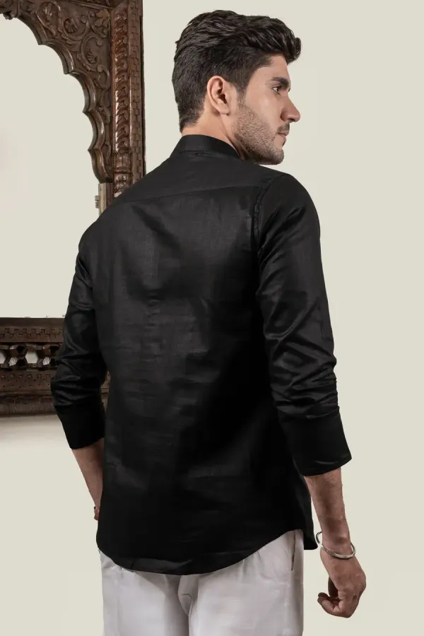 Black_Cotton_Linen_Mandarin_Collar_Shirt_For_Men