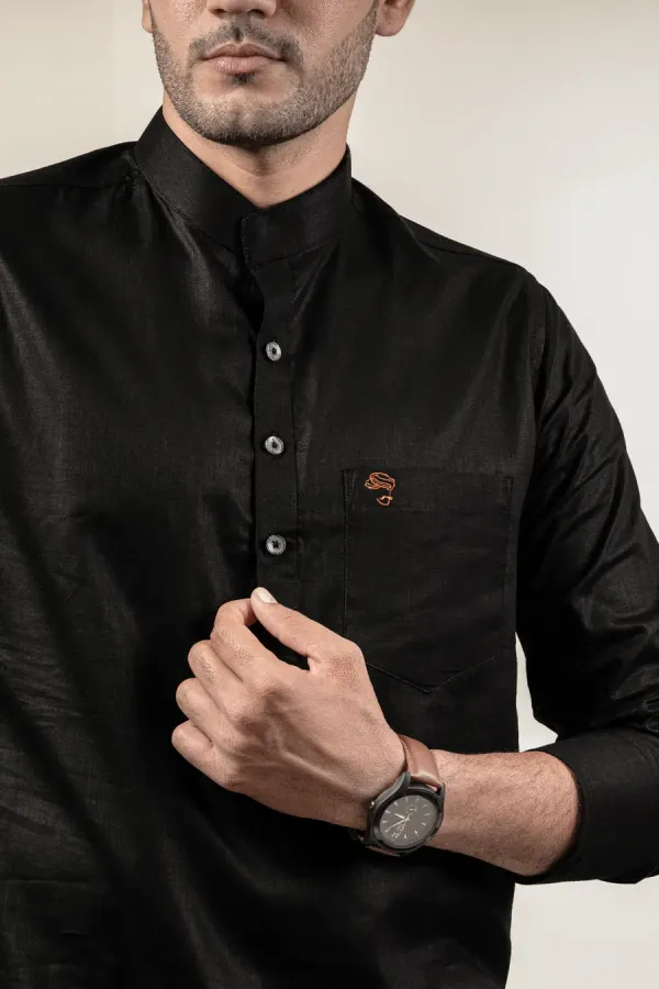 Black_Cotton_Linen_Mandarin_Collar_Shirt_For_Men