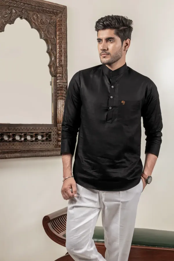 Black_Cotton_Linen_Mandarin_Collar_Shirt_For_Men