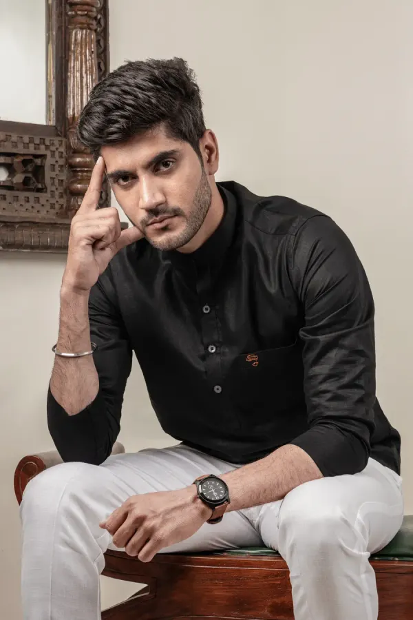 Black_Cotton_Linen_Mandarin_Collar_Shirt_For_Men