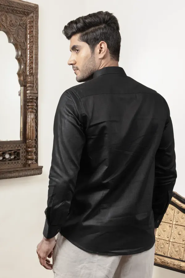 Black_Cotton_Linen_Plain_Regular_Fit_Shirt_For_Men