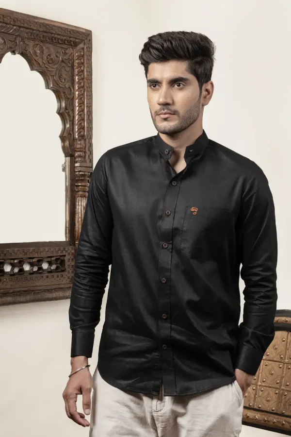 Black_Cotton_Linen_Plain_Regular_Fit_Shirt_For_Men