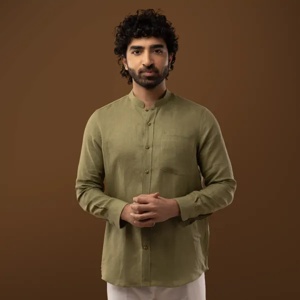 Olive_Green_Linen_Mandarin_Collar_Full_Sleeve_Regular_Fit_Shirt_For_Men