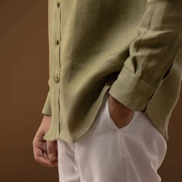 Olive_Green_Linen_Mandarin_Collar_Full_Sleeve_Regular_Fit_Shirt_For_Men