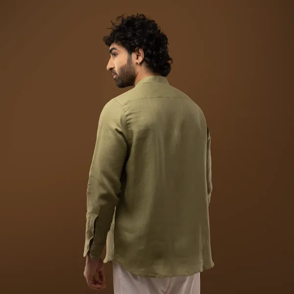 Olive_Green_Linen_Mandarin_Collar_Full_Sleeve_Regular_Fit_Shirt_For_Men