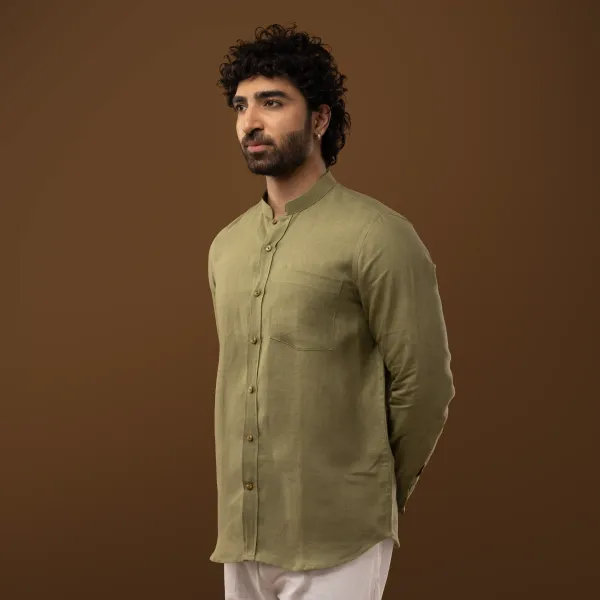 Olive_Green_Linen_Mandarin_Collar_Full_Sleeve_Regular_Fit_Shirt_For_Men