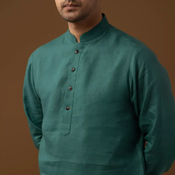 Teal_Linen_Regular_Fit_Long_Kurta_For_Men