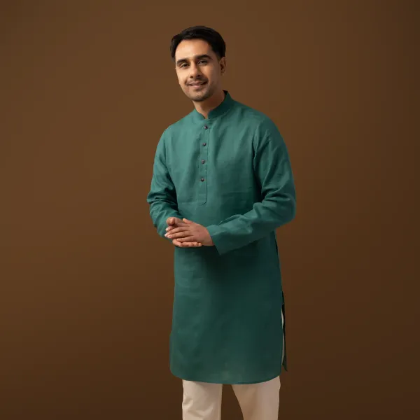 Teal_Linen_Regular_Fit_Long_Kurta_For_Men