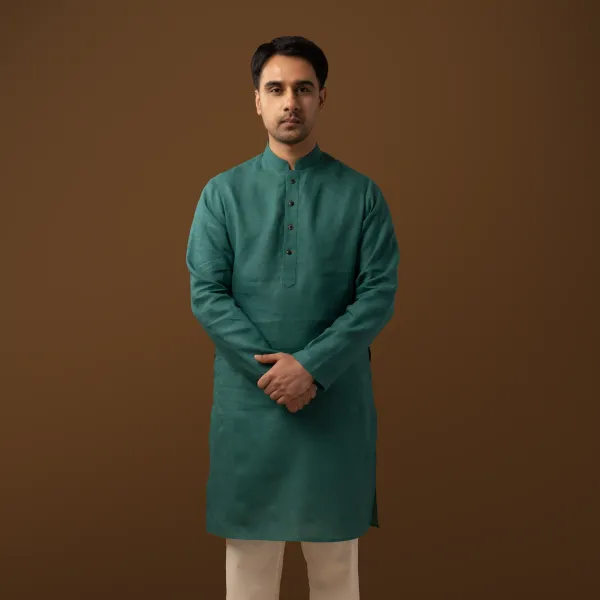 Teal_Linen_Regular_Fit_Long_Kurta_For_Men
