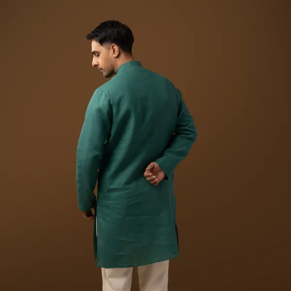 Teal_Linen_Regular_Fit_Long_Kurta_For_Men