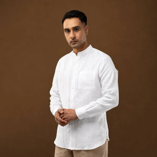 White_Linen_Mandarin_Collar_Regular_Fit_Shirt_For_Men