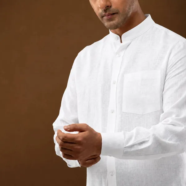 White_Linen_Mandarin_Collar_Regular_Fit_Shirt_For_Men