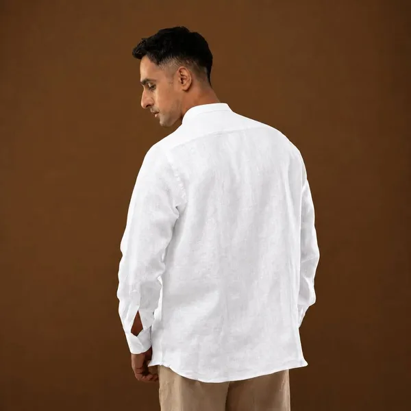 White_Linen_Mandarin_Collar_Regular_Fit_Shirt_For_Men