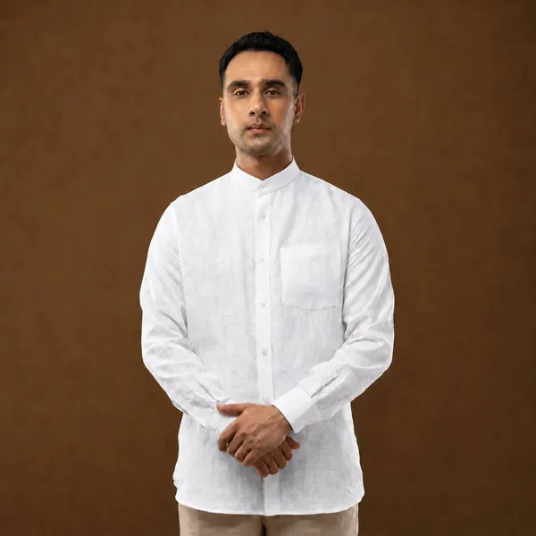 White_Linen_Mandarin_Collar_Regular_Fit_Shirt_For_Men